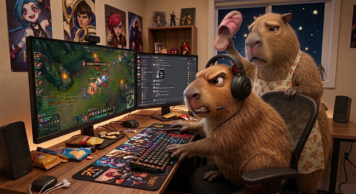 Two capybaras at a gaming desk. One glares at the monitor mid-match wearing a headset; the other stands behind in an apron, holding up a slipper.